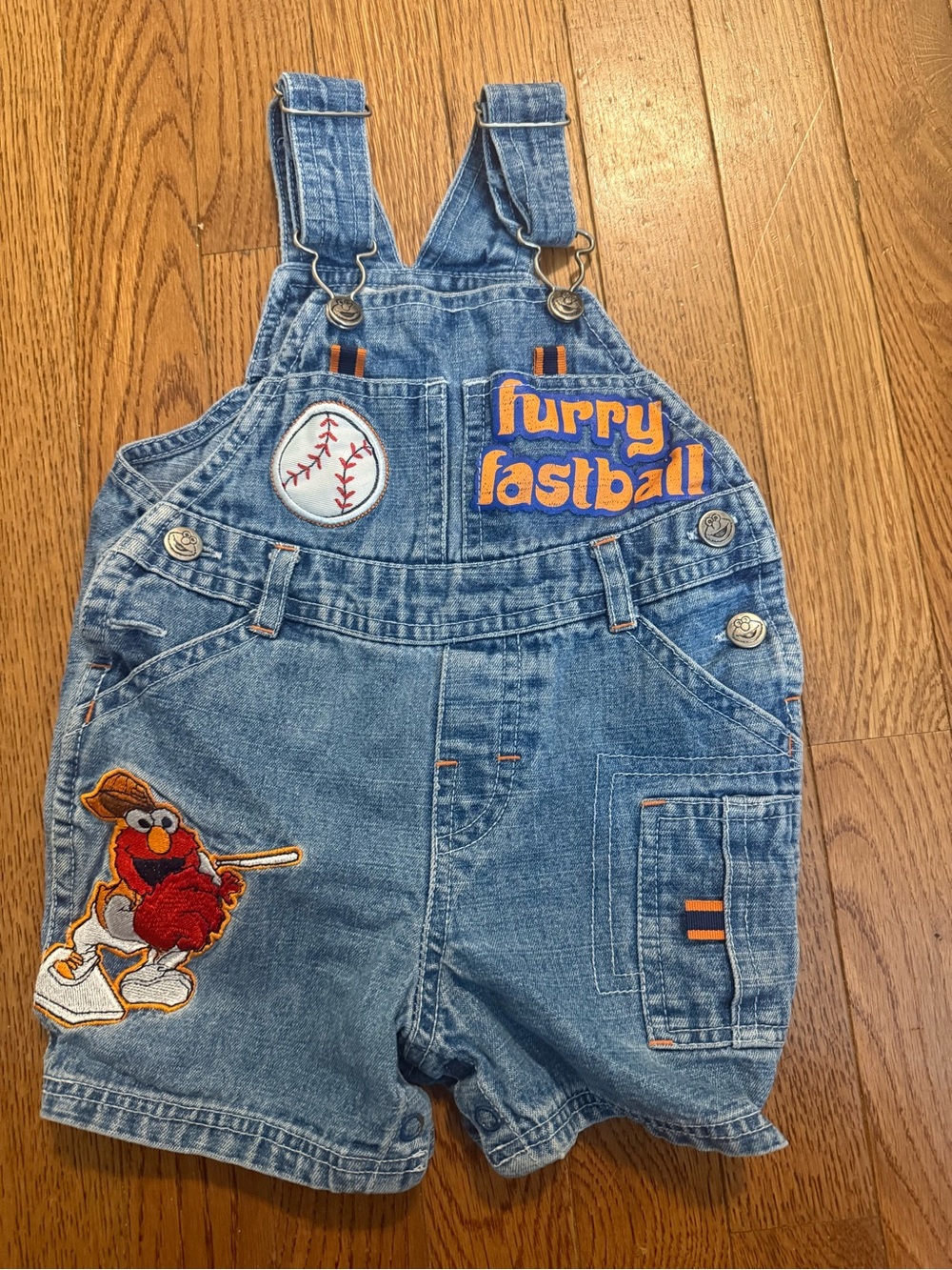 Vintage 2004 Elmo Sesame Street Denim Shortalls 12M Y2K Baseball Overalls
